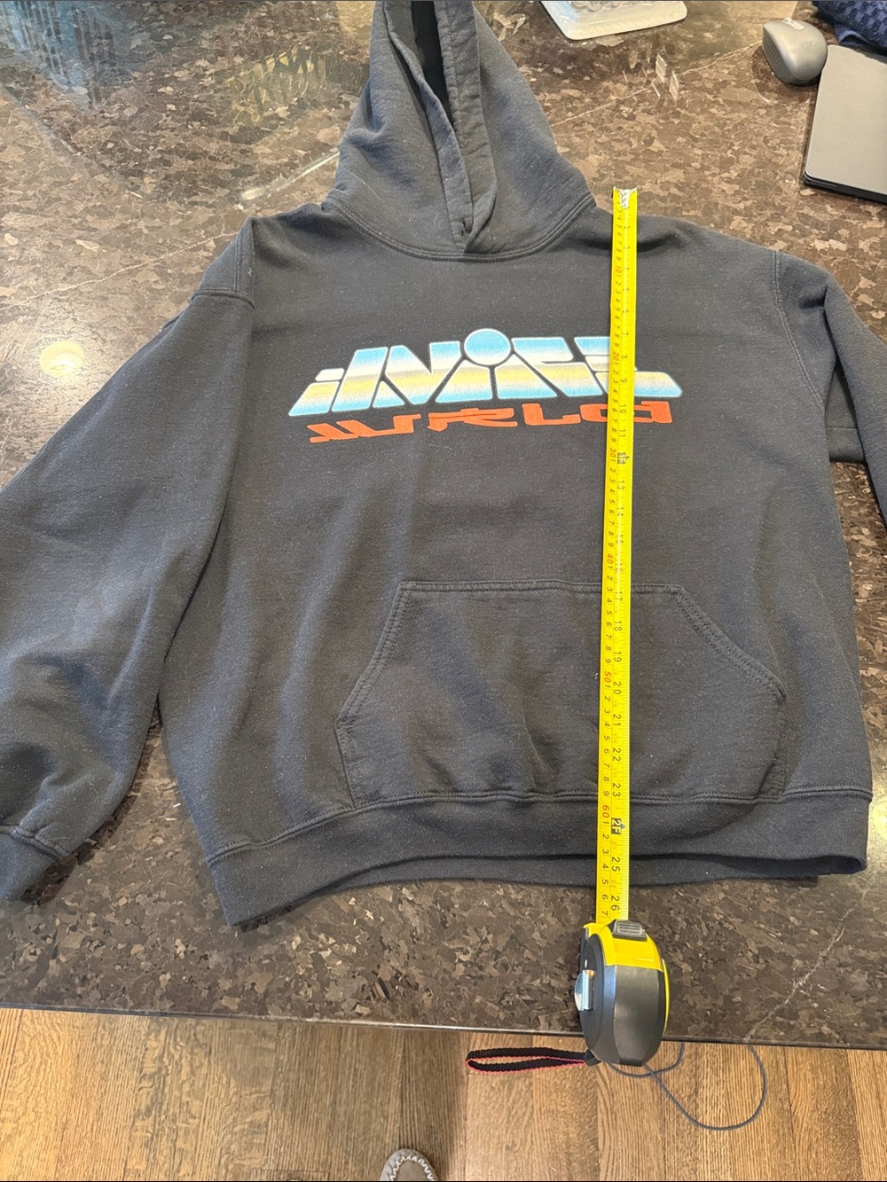 Black Pullover Hoodie with Blue and Orange Graphic(fits like a small)